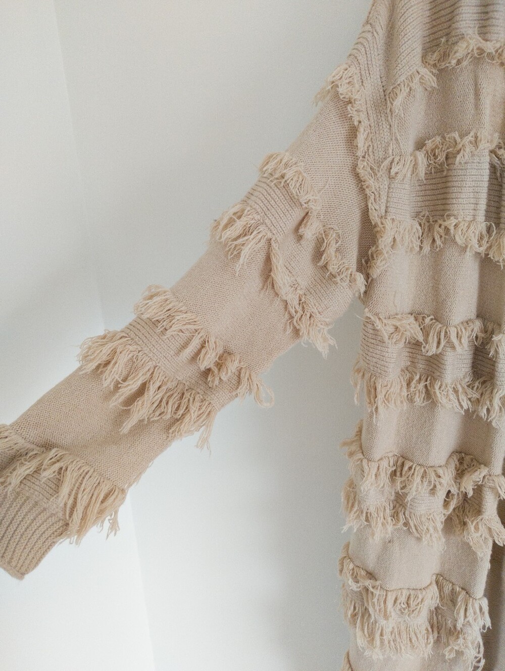 Lost In Lunar Beige Fringe Knit Open Front Long Duster Cardigan Sweater S/M - Picture 7 of 8